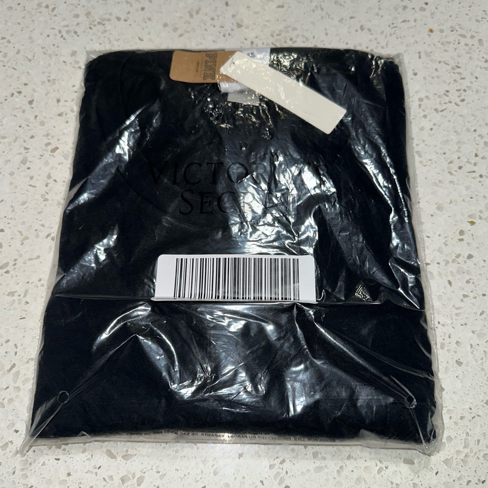 VS VICTORIAS SECRET PINK CAMPUS SHORT SLEEVE TEE TOP PURE BLACK PALM SHINE XS - Picture 8 of 8